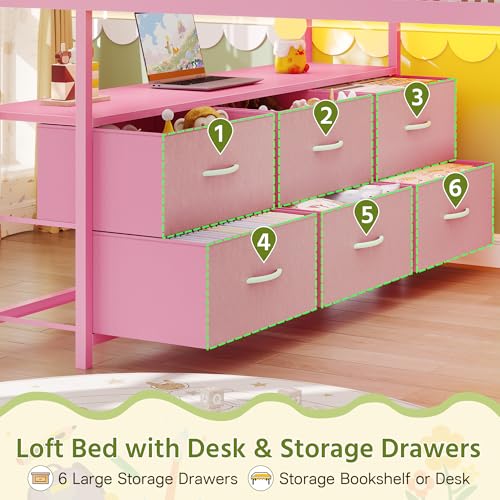 Dnxao Low Loft Bed Full Size with Desk,Full Bed Frame with 9 Storage Drawers, Kids Loft Bed with 15.8" H Safety Guardrail,Sofa,LED Lights & Charging Station,Spave Saving,Pink Dnxao