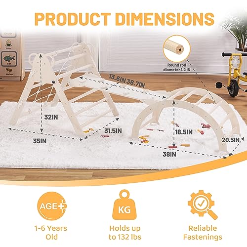 RMHDSLF Foldable Triangle Ladder, Toddler Indoor Gym Playset,Pikler Climber with Ramp Sliding or Climbing, Sturdy Wooden Montessori Climbing Set for Toddlers 2-6. RMHDSLF