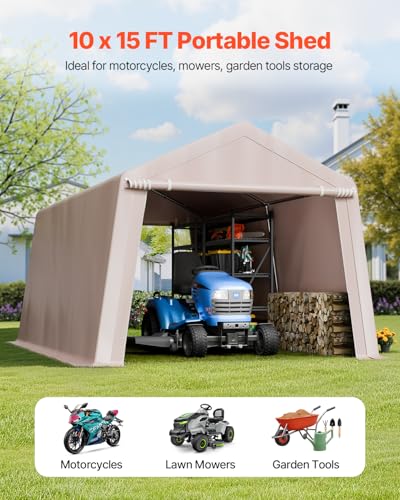 VEVOR 10 × 15 ft Outdoor Storage Shed Tent with Heavy-Duty Steel Frame, 2 Roll-Up Doors & Air Vents, Waterproof Portable Garage Carport Shelter for Motorcycle, Lawn Mower, Garden Tools – Beige VEVOR