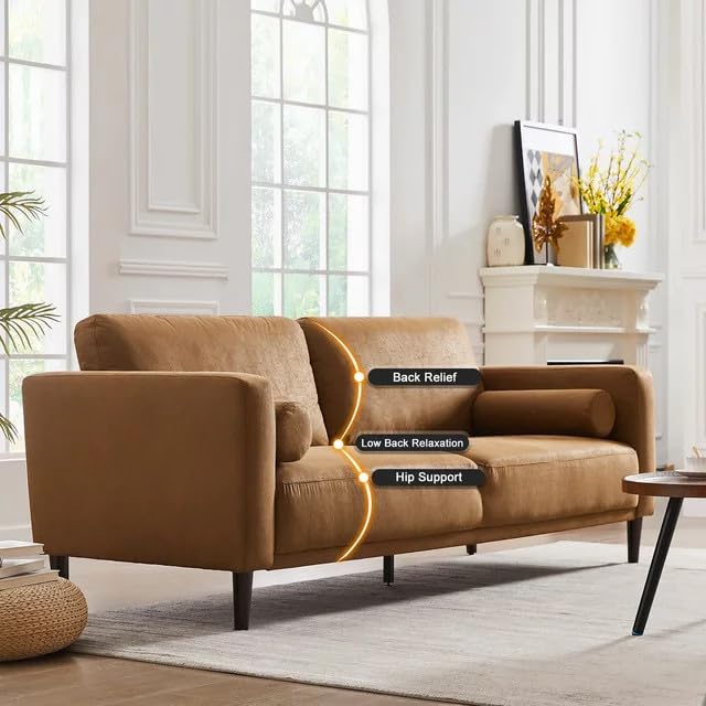 HIFIT Sofa Couches, 79” Mid-Century Modern Couch, Breathable Faux Leather Couch with Upholstered Cushions/Pillows, 3-Seat Sofas & Couches, for Living Room Apartment Office, Brown HIFIT
