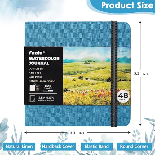Funto Watercolor Journal, Square, 5.5x5.5, Portable 2-Pack, 48 Pages Each, Blue Cover, 110lb/230gsm, Art Supplies for Mixed Media Funto