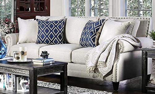Furniture of America Giovanni SM2672-SF Sofa with Nail Head Accents Tapered Wooden Legs and Linen-Like Fabric in Ivory Furniture of America
