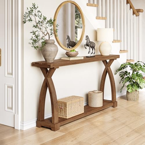 TRIBEWOOD Solid Wood Console Table for Entryway, 63-Inch Narrow Farmhouse Couch Table Behind Sofa with 2-Tier Storage for Entrance, Foyer, Living Room, Long, Dark Brown TRIBEWOOD
