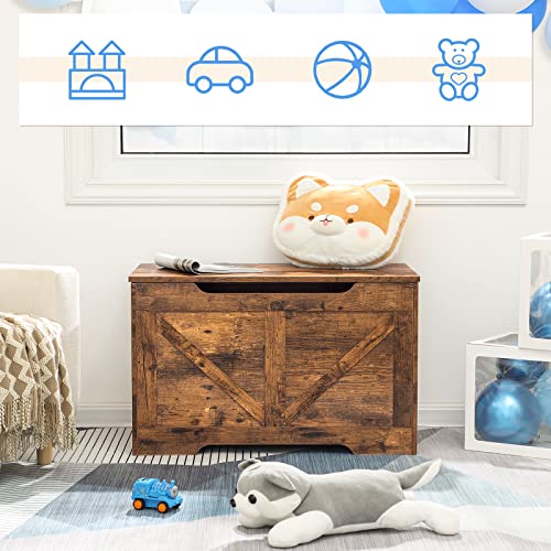 HOOBRO Storage Bench, 29.5” Retro Wooden Storage Chest with U-Shaped Cut-Out Pull, Safety Hinge, Supports 220 lb and Easy Assembly for Toy Box Organizer (Rustic Brown) BF77CW01 HOOBRO