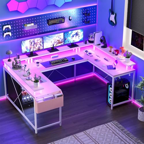 U/L Shaped Desk, Reversible Computer Gaming Desk with Power Outlet & LED Light, Large Corner Table with Monitor Stand & Storage Shelf, Idead for Home, Office, Gaming, Pink OUTGOODS