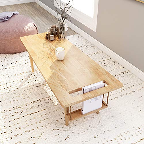 WoodShine Mid Century Modern Mini-Swing Wooden Coffee/Tea Table, Japanese Accent Floor Desk, Real Solid Wood Cafe Table with Storage for Home Living room,Office, Length of 47.25 inches,Natural WoodShine