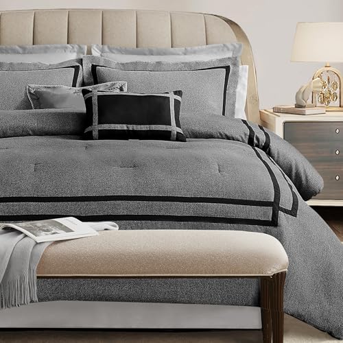 Wonderful Hotel Comforter Set King 8-Piece Gray Hydro-Brushed Wooly Feel Modern Luxury Bedding Comforter with Matching Fitted Sheet,Flat Sheet,Pillow Sham,Decorative Pillows for All Seasons Wonderful