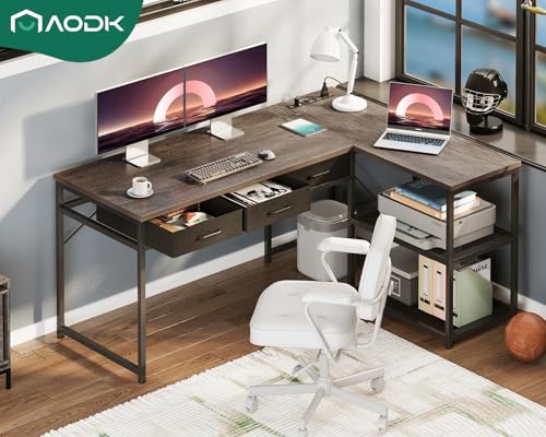 AODK 53 Inch L Shaped Computer Desk with Drawers, Corner Desk with Power Outlets & Reversible Storage Shelves, for Home Office Gaming, Oak Grey AODK