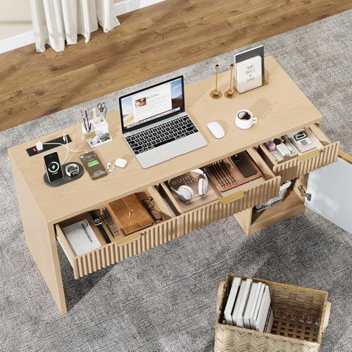 Vabches 60" Executive Desk with Fluted Drawers, Wood Home Office Desk with Storage Cabinet, Charging Station, Fluted Computer Writing Desk for Study, Living Room, Natural Oak. Vabches