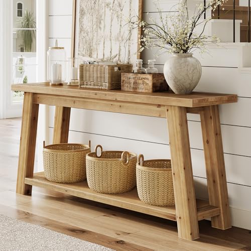 LITTLE TREE 70.9" Solid Wood Console Table for Entryway, 2-Tier Sofa Table Behind Couch, Farmhouse Entryway Table for Living Room, Bedroom, Foyer LITTLE TREE