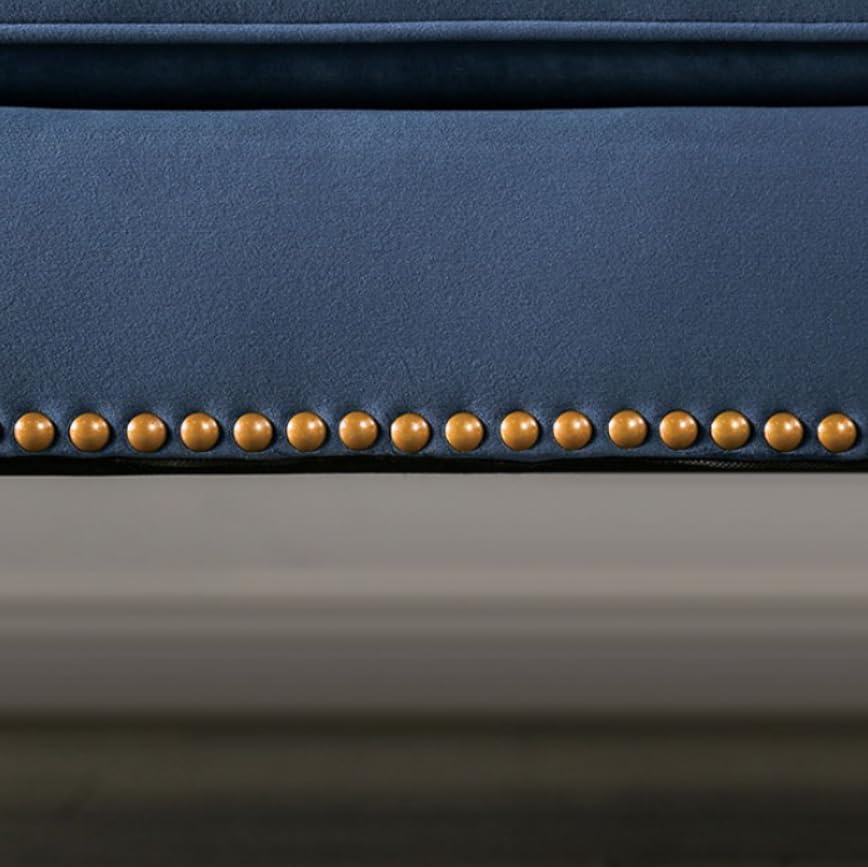 MASARA Tufted Velvet Sofa, 91-inch Camelback Design, Blue with Nailhead Trim and Walnut Legs MASARA