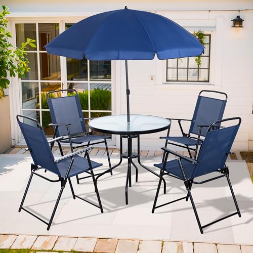 Shintenchi 6 Piece Patio Dining Set with Umbrella, Outdoor Furniture Set with 4 Folding Chairs and Tempered Glass Top Dining Table fot Lawn Backyard Garden Porch Blue Shintenchi