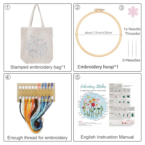 Louise Maelys Embroidery Kit Canvas Tote Bag for Beginners,Cross Stitch Kits for Adults,DIY Crafts Needlepoint Include Hummingbird Floral Pattern,Women Shopping Reusable Grocery Bags