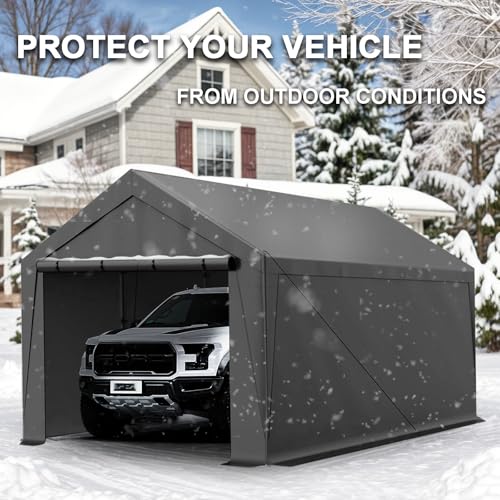Carport, 10x20ft Heavy Duty Portable Garage, Car Port with Storage Shed, Car Canopy with Removable All-Season Tarp Sidewalls & Doors for Car, Truck, Boat, Party, Grey TANGJEAMER