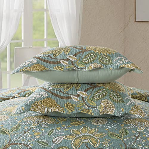 NEWLAKE Cotton Bedspread Quilt Sets-Reversible Patchwork Coverlet Set, Green Floral Pattern, Queen Size NEWLAKE