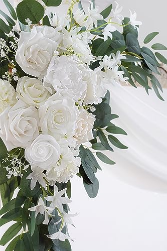 Olalaka White Artificial Wedding Arch Flowers Kit (Pack of 3) with 26Ft White Shiny Arch Draping Fabric for DIY Wedding Party Ceremony Reception Backdrop Floral Decoration Olalaka