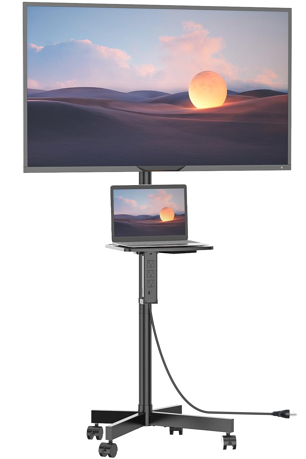 WALI Mobile TV Stand with Power Outlet, TV Cart for 23-65 inch TVs up to 88lbs, Portable Rolling TV Stand on Wheels with Height Adjustable and Tilt 20°, Max VESA 400x400mm (AVC001-P), Black WALI