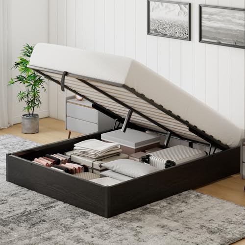 YUMPIE Queen Size Lift-Up Storage Platform Bed Frame, Metal Bed Frame with Wooden Slats Support, Spacious Underneath Storage, No Box Spring Required, Noise-Free, Black YUMPIE