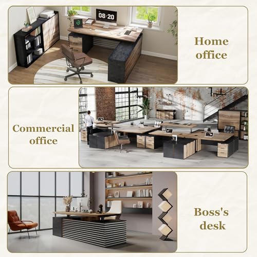SAINTCY 70.87In L Shaped Executive Standing Desk with Drawers, Large Modern Adjustable Heigh Home Office Desk w/File Cabinet, AC/USB, Business Workstation, Black and Warm Oak SAINTCY