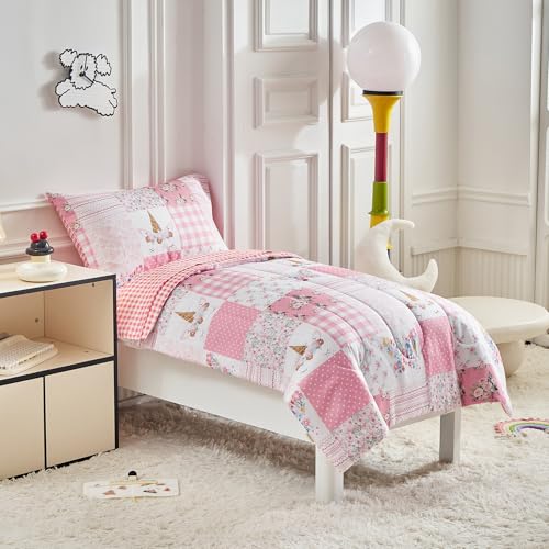Joyreap 4 Piece Toddler Bedding Set for Girls- Pink Butterflies n Flowers Patchwork Toddler Comforter Set, Includes Quilted Comforter, Fitted Sheet, Top Sheet, and Pillow Case Joyreap