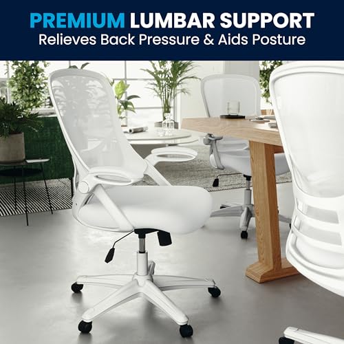 Flash Furniture Porter High-Back Swivel Office Chair with Adjustable Lumbar Support and Height, Ergonomic Mesh Desk Chair with Flip-Up Armrests, White Flash Furniture