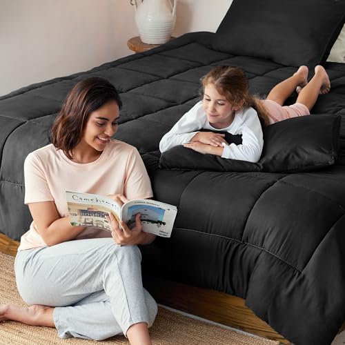 Exclusivo Mezcla Lightweight Reversible Twin Size Comforter Set, Down Alternative Comforter with 1 Pillow Sham, Twin Size Bedding Set for All Seasons, Black Exclusivo Mezcla