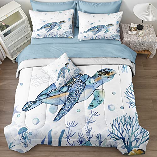 Ocean Themed Bedding Sets - 8 Pieces Queen Bed in A Bag - Teal Blue Turtle & Sea Horse Animal Cartoon Pattern Beach Coastal Bedding Comforter Bedorm