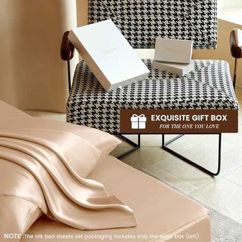 THXSILK Luxury Mulberry Silk Fitted Sheet Set 3 Pcs, King Silk Bed Sheet Set with 16" Deep Pockets, Soft & Cooling Sheets, 1 Fitted Sheet, 2 Pillowcases with Zipper Closure - Champagne THXSILK