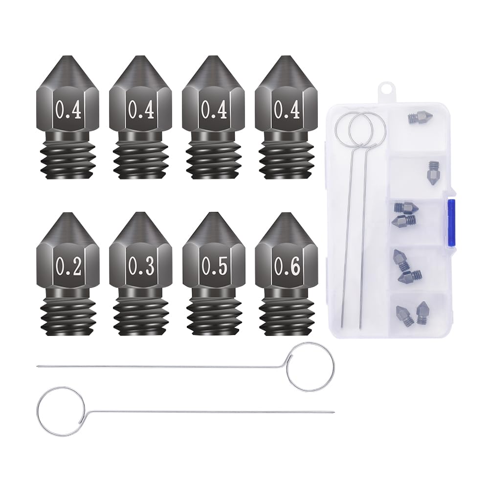 Creality 8pcs 3D Printer Hardened Steel MK8 Nozzles, Upgraded Tungsten Metal Extruder Nozzles 0.2mm, 0.3mm, 0.4mm, 0.5mm, 0.6mm with DIY Tools Storage Box for Creality Ender 3 Ender 3 V2 Sovol SV06 Creality