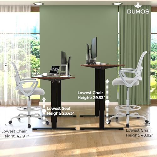 DUMOS Drafting Chair - Ergonomic Tall Office for Standing Desk, Counter with Height Adjustable and Comfortable Lumbar Support, Fixed Armrests, Grey DUMOS