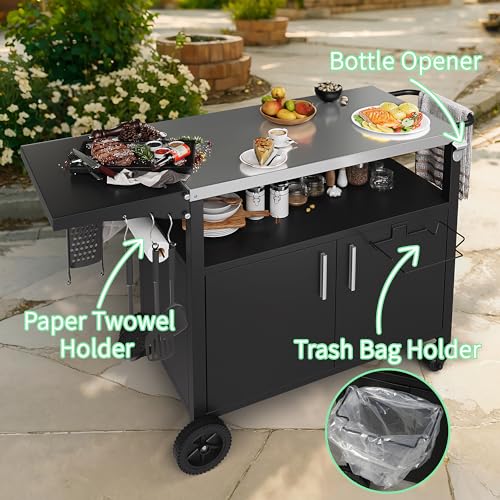 Shintenchi Outdoor Grill Cart Table with Stainless Steel Top for Kitchen Prep and BBQ, Outdoor Kitchen Island Table with Side Handle, Multifunctional Outdoor Grill Table, Black Shintenchi