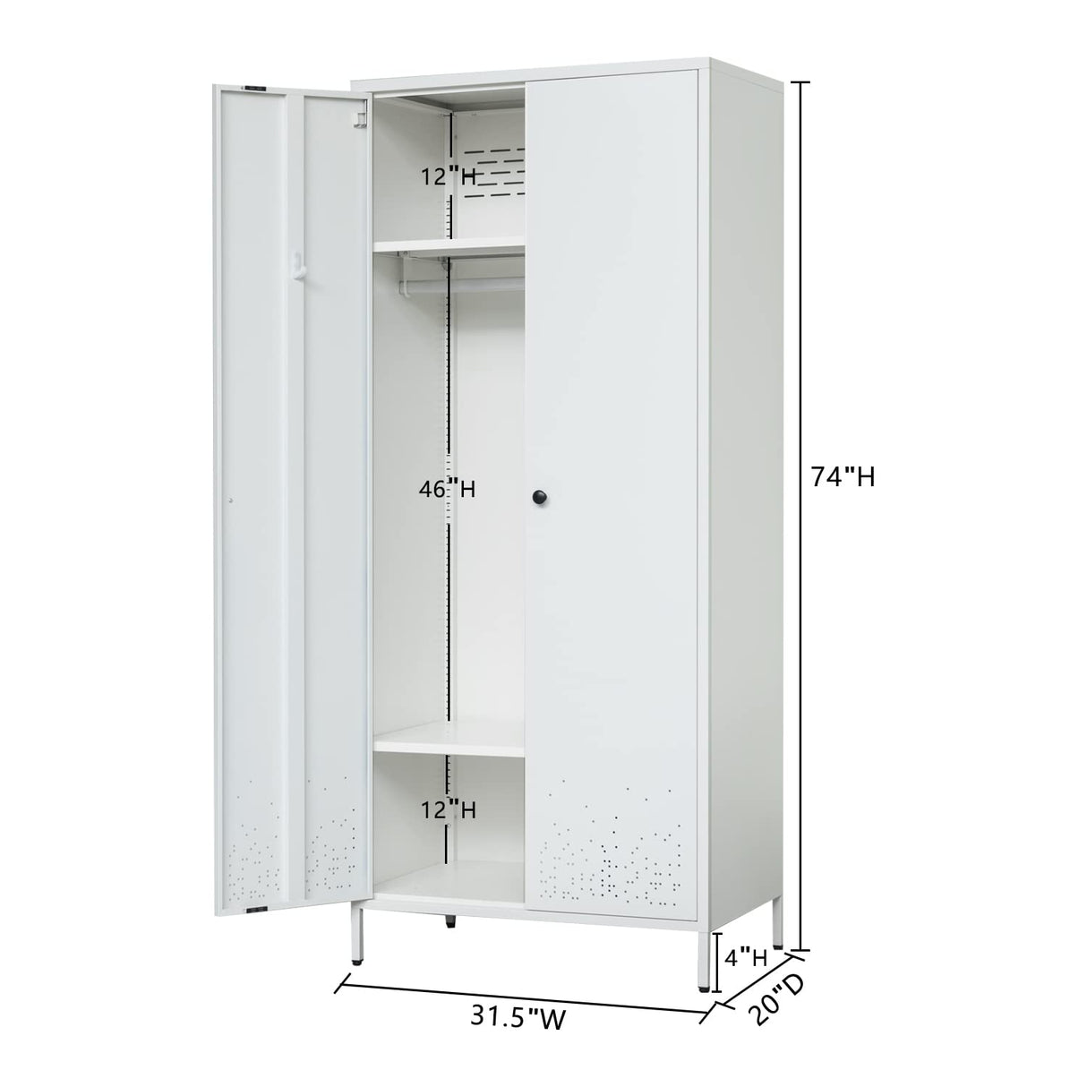 YEEZER Metal Wardrobe, Storage Cabinet with Hanging Rod,Armoire with Magnetic Door and 2 Freely Adjustable Shelves 74" H x 31.5" W x 20" D (White) YEEZER
