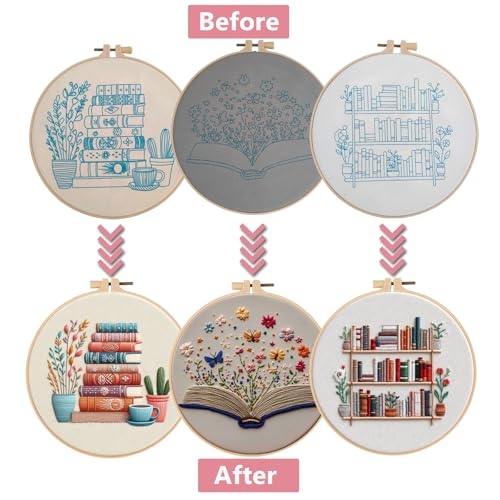 Embroidery Kit for Adults, Pre-Stamped Pattern Embroidery Kit for Beginners, Needlepoint Starter Kit with Hoop Thread Needle Instruction, 7.9'' Hoop (Book Lover 3 Packs)