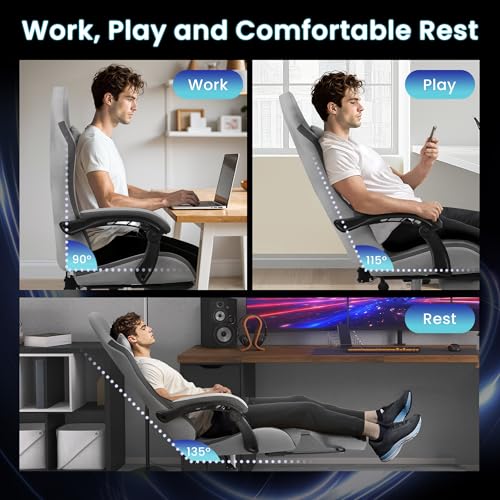 N-GEN GAMING Video Gaming Chair with Footrest Lumbar Support for Home Office High Back Recliner Height Adjustable Ergonomic Comfy Fabric Computer Desk Chair (Grey) N-GEN GAMING