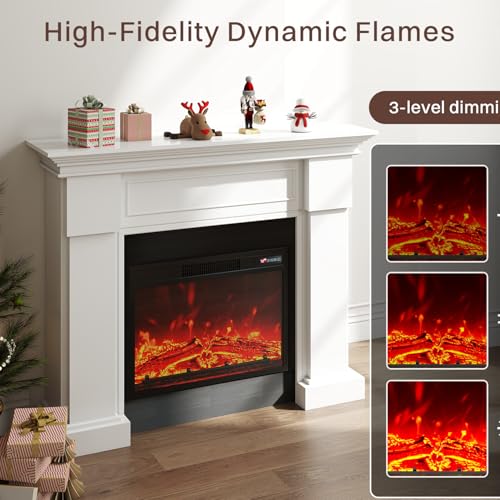 55" Electric Fireplace with Mantel | 1400W Faux Fireplace | Highly Realistic 3D Flame | 50-90℉ Adjustable Temp | Button & Remote Control | White Fireplace Mantel Surround | 55" W×13.5" D×44" H FODINGHILL