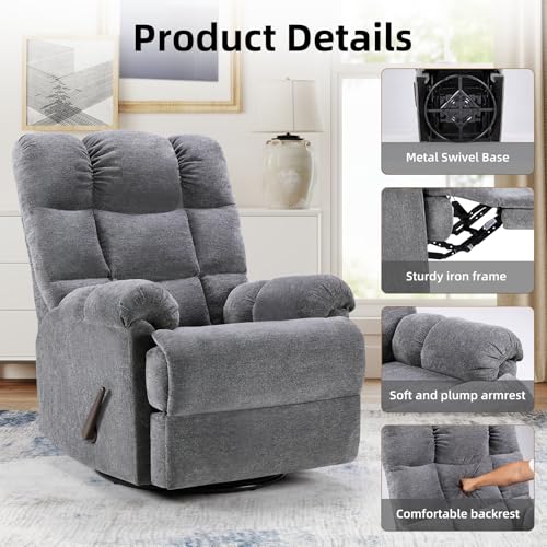 CANMOV Swivel Rocker Recliner for Adults,Glider Rocking Reclining Chair for Nursery,Manual Recliner Chair with Overstuffed Back and Arms for Living Room Bedroom Nursery,Grey