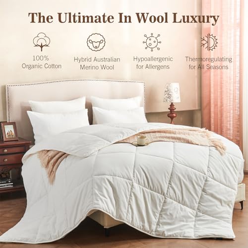 KUSNUG Climaloft Hybrid Wool Comforter Queen Size with 100% Organic Cotton, Hypoallergenic Down Alternative Luxury Duvet Insert with Tabs, Temperature Regulating All-Season Bedding, White KUSNUG