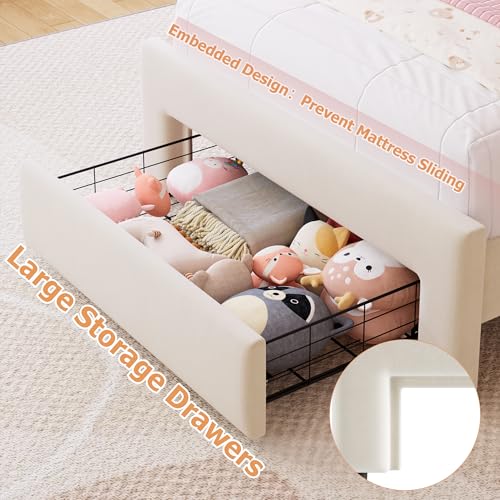 Twin Upholstered LED Bed Frame with Storage Drawer and Adjustable Chic Double Wavy Headboard, Velvet Princess Platform Bed for Kids/Girls, Solid Wood Slats Support, No Box Spring Needed, Beige Jocoevol
