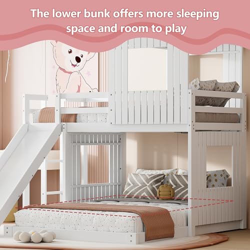 Harper & Bright Designs House Floor Bunk Beds with Slide, Wooden Twin Over Full Bunk Beds with Slide, Roof and Guard Rail for Kids, Teens, No Box Spring Needed (White, Twin Over Full Size) Harper & Bright Designs