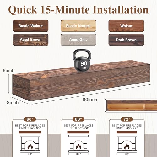 Eshoma Fireplace Mantel - Handcrafted Solid Mantel Shelf for Over Fireplace - Wall Mounted Floating Mantel Shelf with Invisible Brackets - 60 Inch - Aged Brown Eshoma