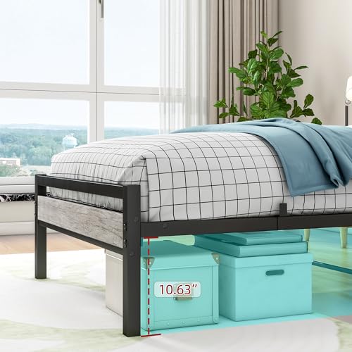 BOFENG Twin Bed Frame with Wood Storage Headboard/USB Charging Station,Heavy Duty Metal Single Platform Bed Frames No Box Spring Needed,Heavy Duty Metal Slats,Noise Free,Greige BOFENG