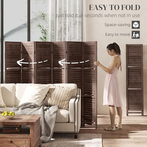 HOMCOM Room Divider, 6 Panel 67" Tall Wood Privacy Screen with 3 Display Shelves, and Folding Storage for Bedroom or Home Office, Walnut HOMCOM