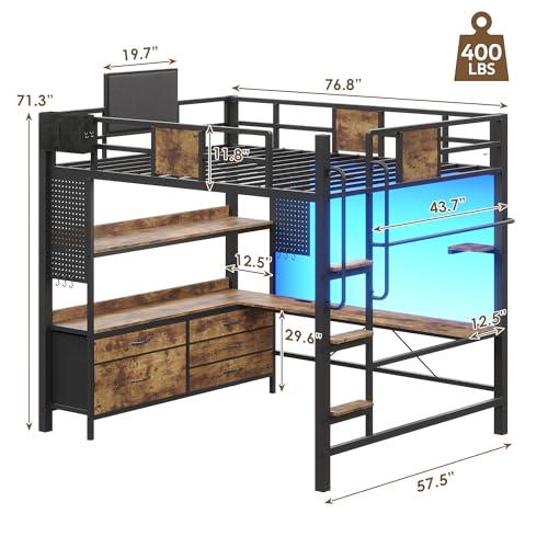 Loft Bed with Desk,Full Size loft bed, Loft Beds Full Size with 5 Fabric Storage Drawers & Stairs,Charging Station&LED Lights,Metal Bunk Bed with Desk, Removable Guard Ladder, Noise Free, Brown BYSAUD