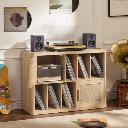 LEYAOYAO Large Record Player Stand with Vinyl Storage Up to 450 Albums, Wood Rattan Boho Record Storage Accent Cabinet, Modern Stereo Media Cabinets, Wide Turntable Stand for Living Room, Natural Oak LEYAOYAO