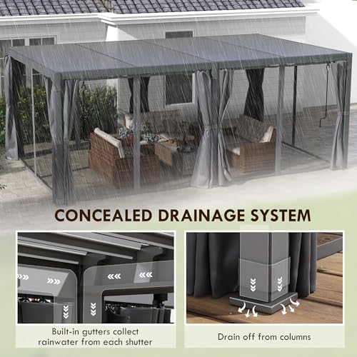 Outsunny 12' x 19' Louvered Pergola Hardtop Gazebo with Adjustable Aluminum Roof and Frame, Outdoor Pergola with Curtains and Netting, for Garden, Lawn, Backyard, and Deck, Dark Gray Outsunny