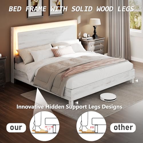 LUXOAK King Size Wood Bed Frame with RGBW LED Light, Mid-Century Modern Platform Bed with Floating Headboard and Solid Wood Legs, No Box Spring Needed, Easy Assembly, Distressed White LUXOAK