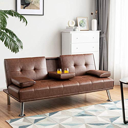 ARLIME Convertible Futon Sofa Bed, Faux Leather Sofa Sleeper W/Adjustable Backrest, Folding Cup Holder, Removable Armrests, Steel Leg, Modern Style Sofa Bed for Livingroom, Office, Apartment (Brown) ARLIME