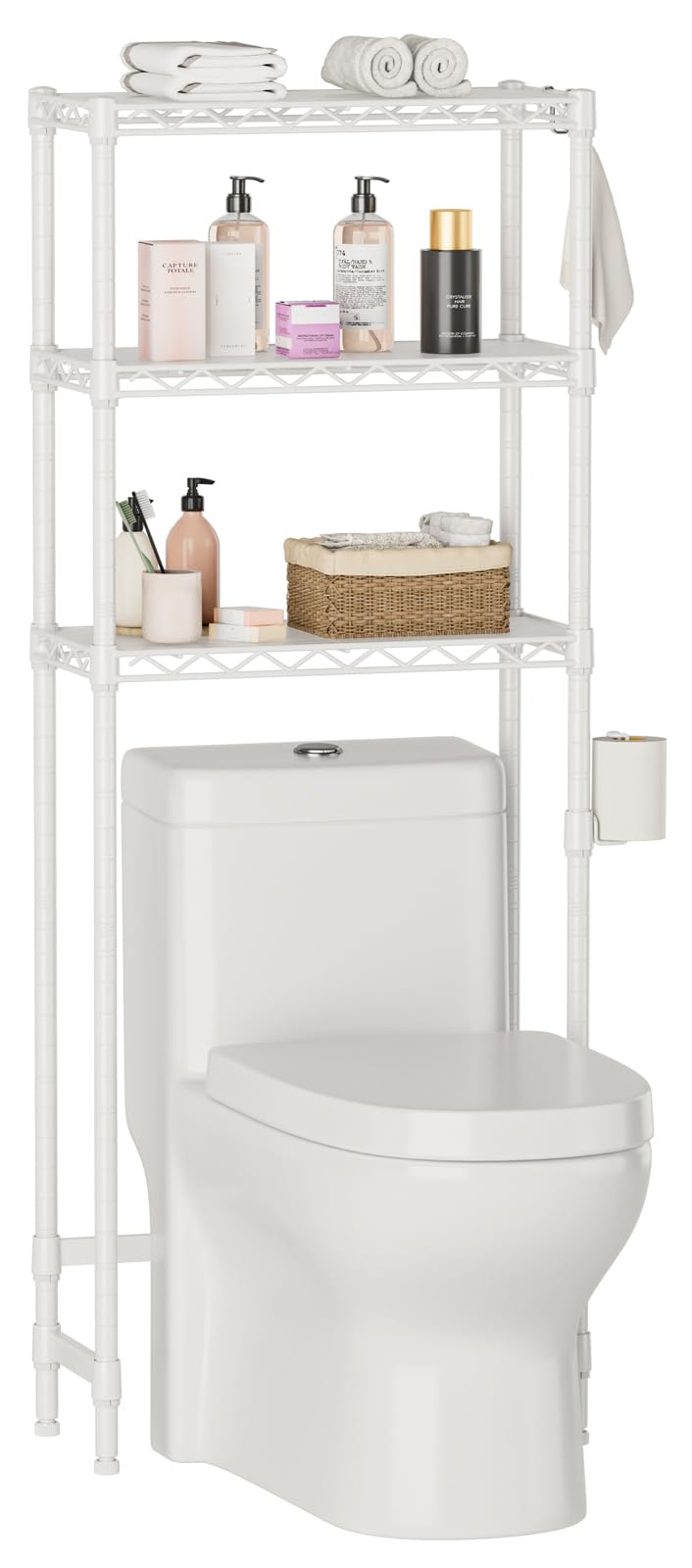 Over The Toilet Shelf,3-Tier Adjustable Freestanding Metal Bathroom Organizer Shelves with Toilet Paper Holder & Hooks,Space-Saving for Narrow Small Bathroom,10”D x 24”W x 66”H,White Golpart