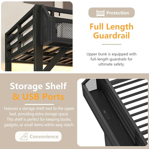 Bellemave Twin XL Loft Bed with Storage Stairs, Shelves & Wardrobe, Twin XL Metal Loft Bed Frame with LED Lights & USB Ports for Kids Teens, Noise-Reduced Design, Black Bellemave