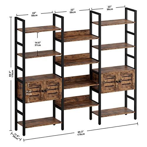 IRONCK Vintage Brown Industrial Bookshelf with Louvered Doors and 5 Tiers - Triple Wide Storage Display Shelf for Home Office and Living Room IRONCK